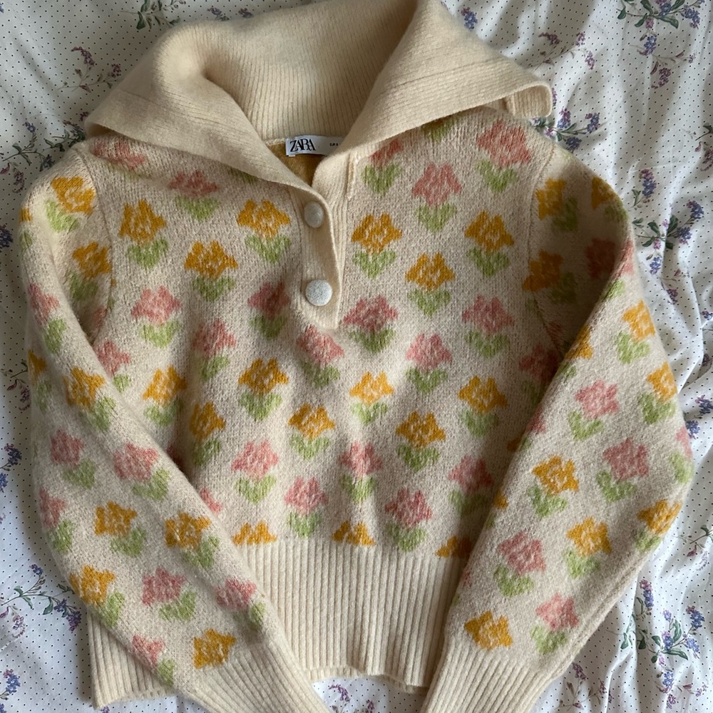 Zara Jacquard Knit Collard Flower Sweater Sz S